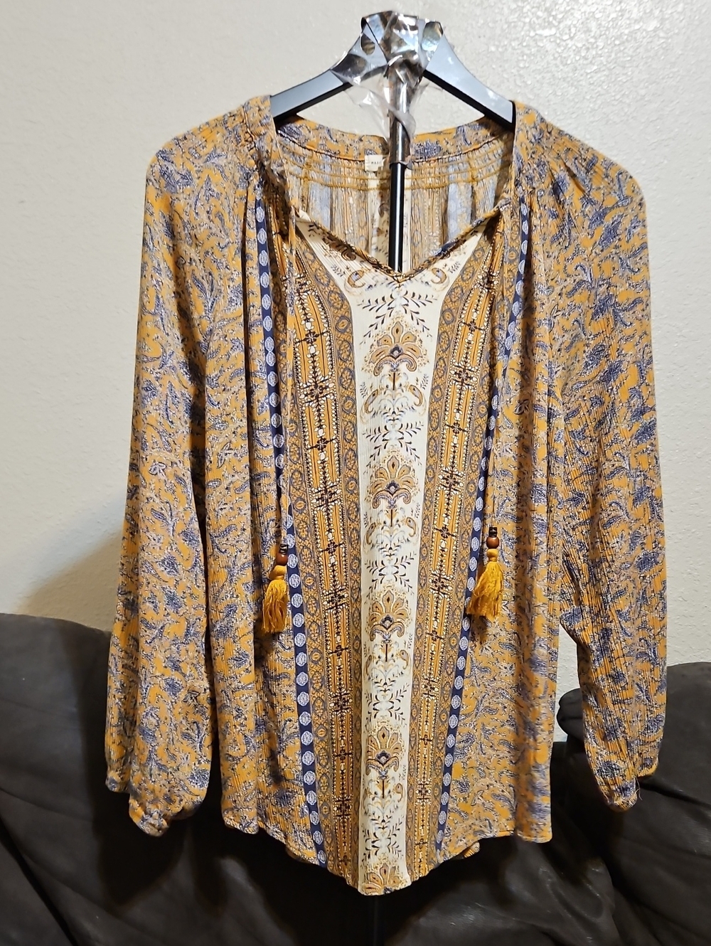 Boho V-Neck Tassel Tunic Top in Mustard and Cream